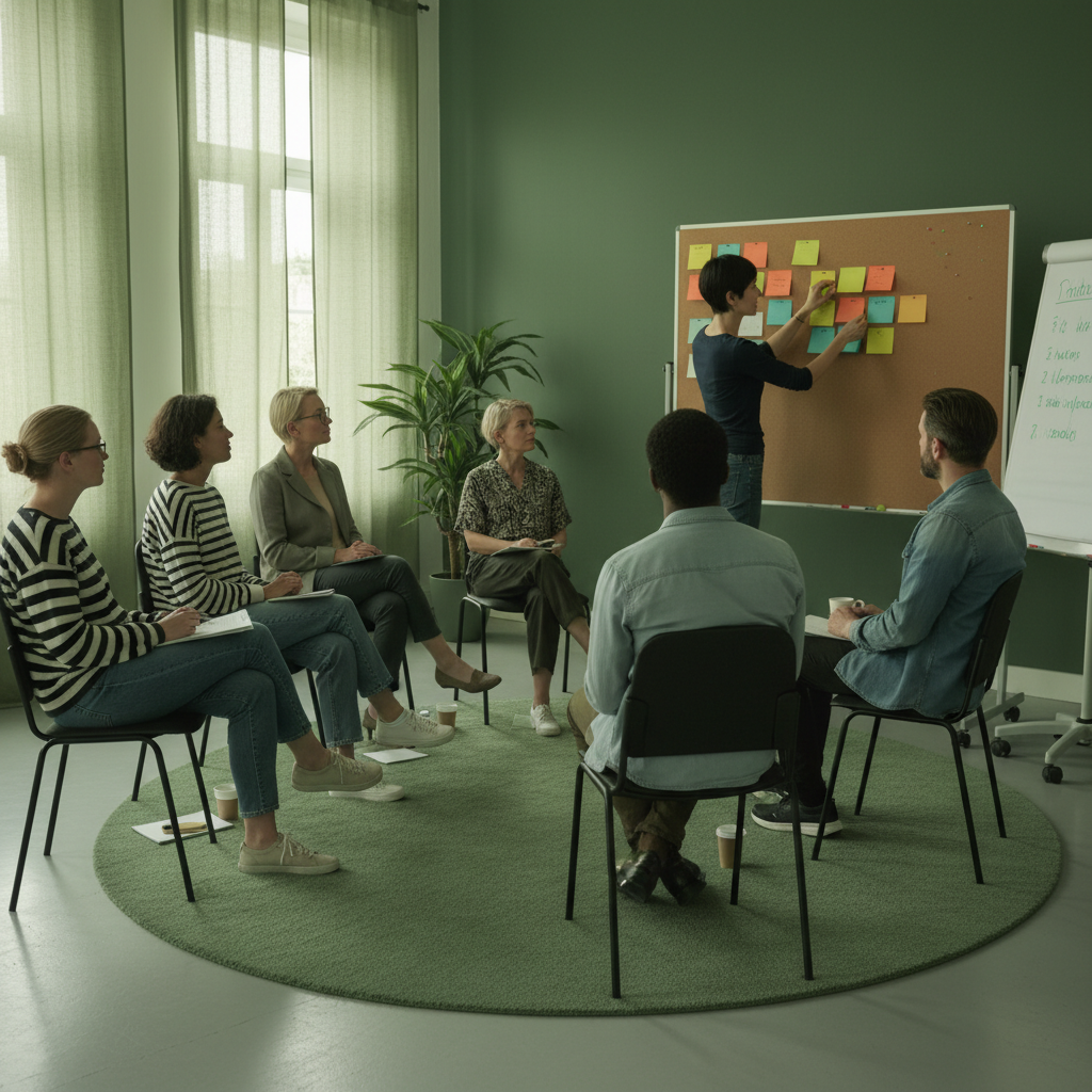Das bild soll auch in matten Grüntönen sein und zeigen, wie eine Trainerin der Erwachsenenbildung einen Workshop moderiert. Die Trainerin hat sehr, sehr kurze schwarze Haare, keine Brille, ist schlank. Die Teilnehmer sitzen im Stuhlkreis, die Trainerin pinnt bunte Kärtchen an eine Pinnwand. Achte darauf, dass alle Teilnehmer im stuhlkreis unterschiedlich aussehen, wir wollen keine Zwillinge! Auch sollten alle unterschiedliche Kleidung anhaben!